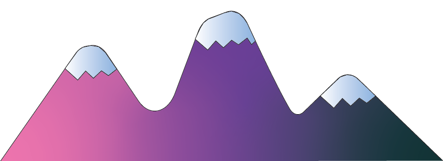 cartoon drawing of three purple snow-capped mountains